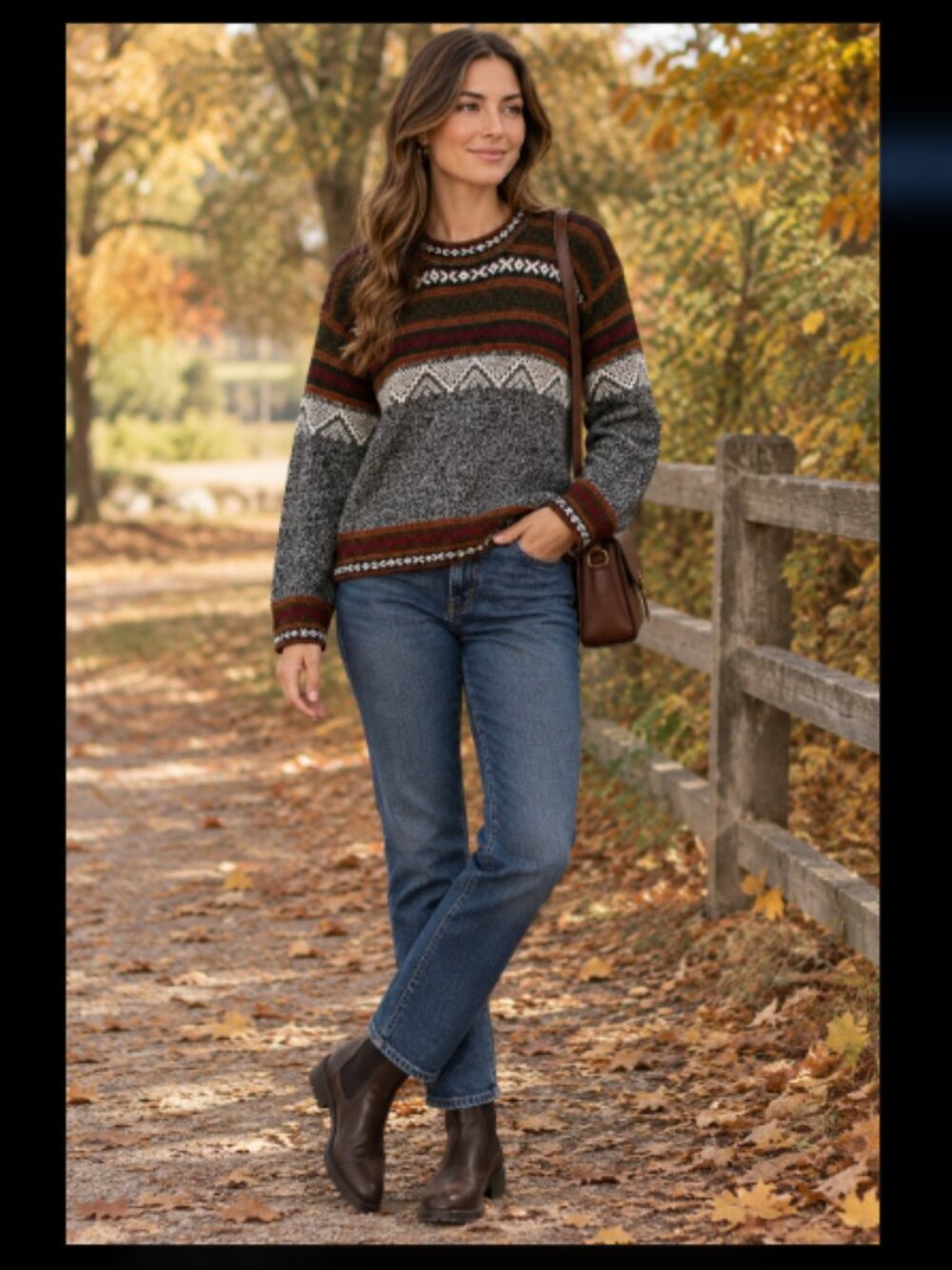 Peruvian Alpaca Wool Crewneck Sweater Oversized Fair Isle Gray Burgundy Medium